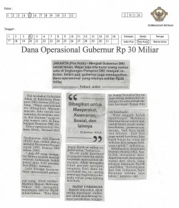 Dana Operasional Gubernur Rp 30 Miliar, Pos Kota, Rabu, 4 Mei 2016